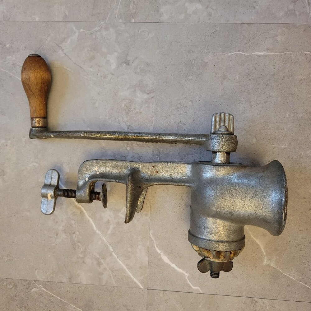 Vintage Universal Meat Grinder Hand Crank Cast Iron & Wood Handle